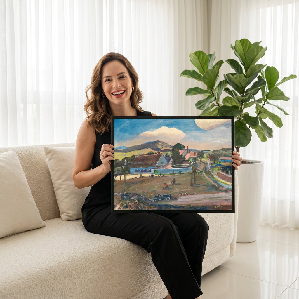 Quadro Decorativo Campo e Nuvens - Oskar Laske | modelo apresentando o quadro emoldurado
