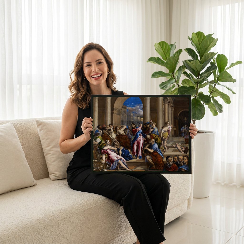Quadro Decorativo A Purificação do Templo - El Greco | modelo apresentando o quadro emoldurado