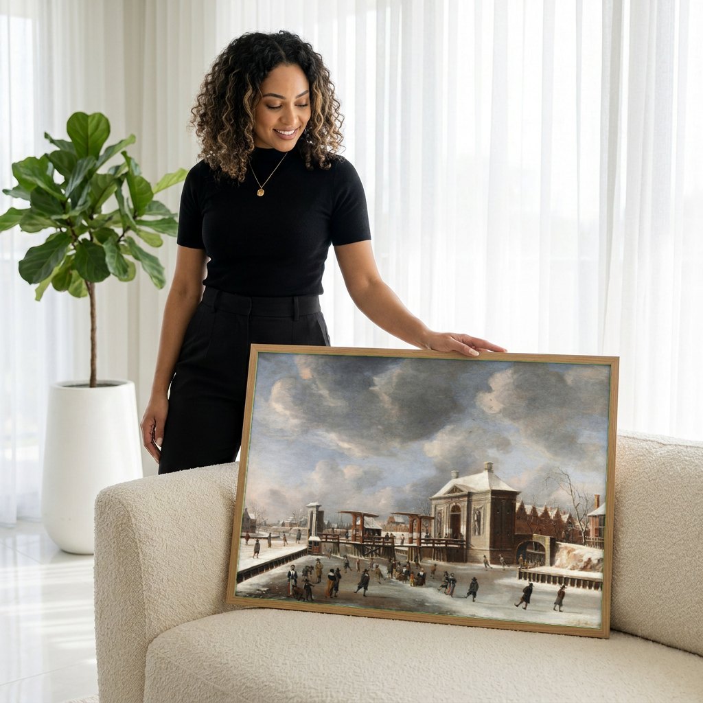 Quadro Decorativo Cena de Inverno no Gelo - Jan Abrahamsz Beerstraaten | modelo apresentando o quadro emoldurado