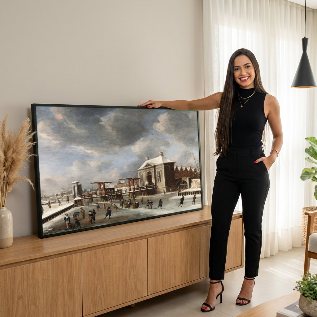 Quadro Decorativo Cena de Inverno no Gelo - Jan Abrahamsz Beerstraaten | modelo apresentando o quadro emoldurado
