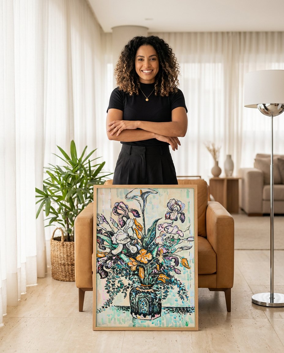 Quadro Decorativo 'Florais Vibrantes' - Paul Signac | modelo apresentando o quadro emoldurado