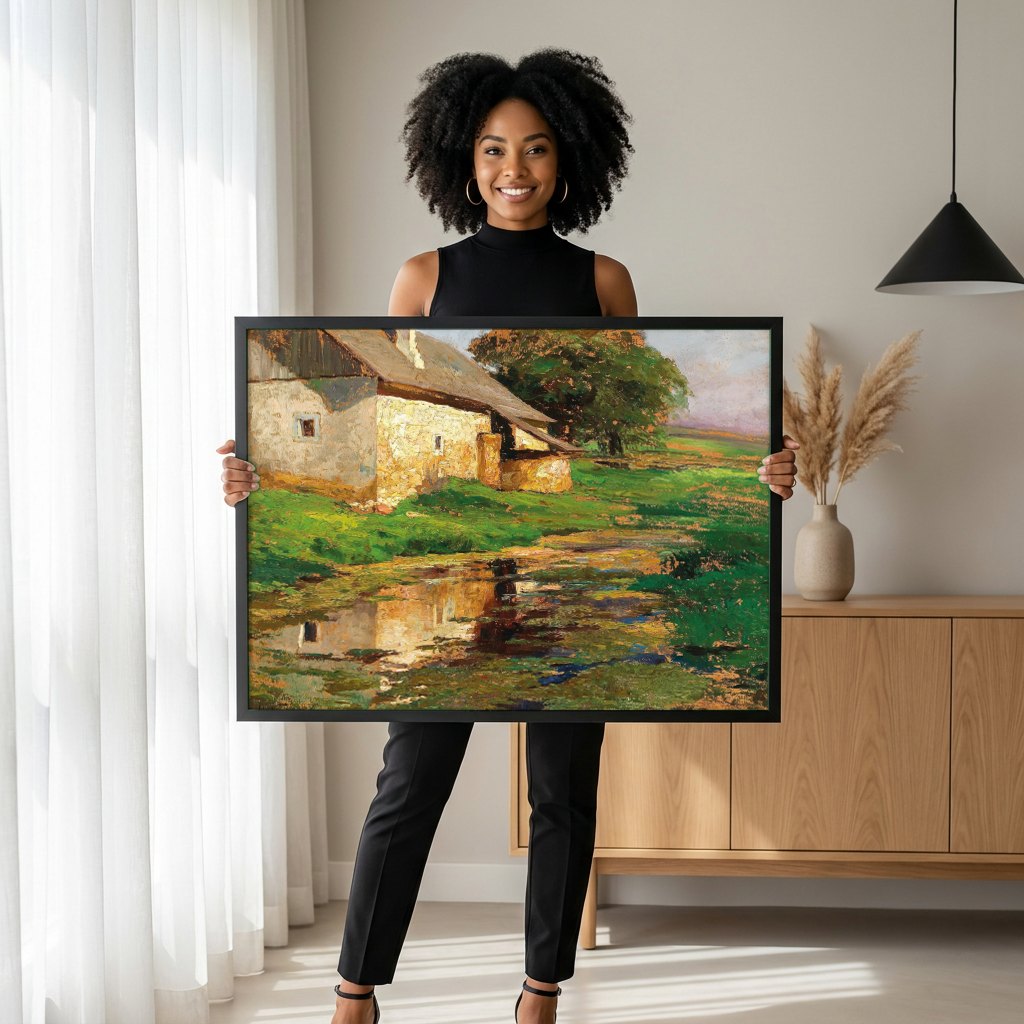 Quadro Decorativo Casa à Beira D'água - Olga Wisinger-Florian | modelo apresentando o quadro emoldurado
