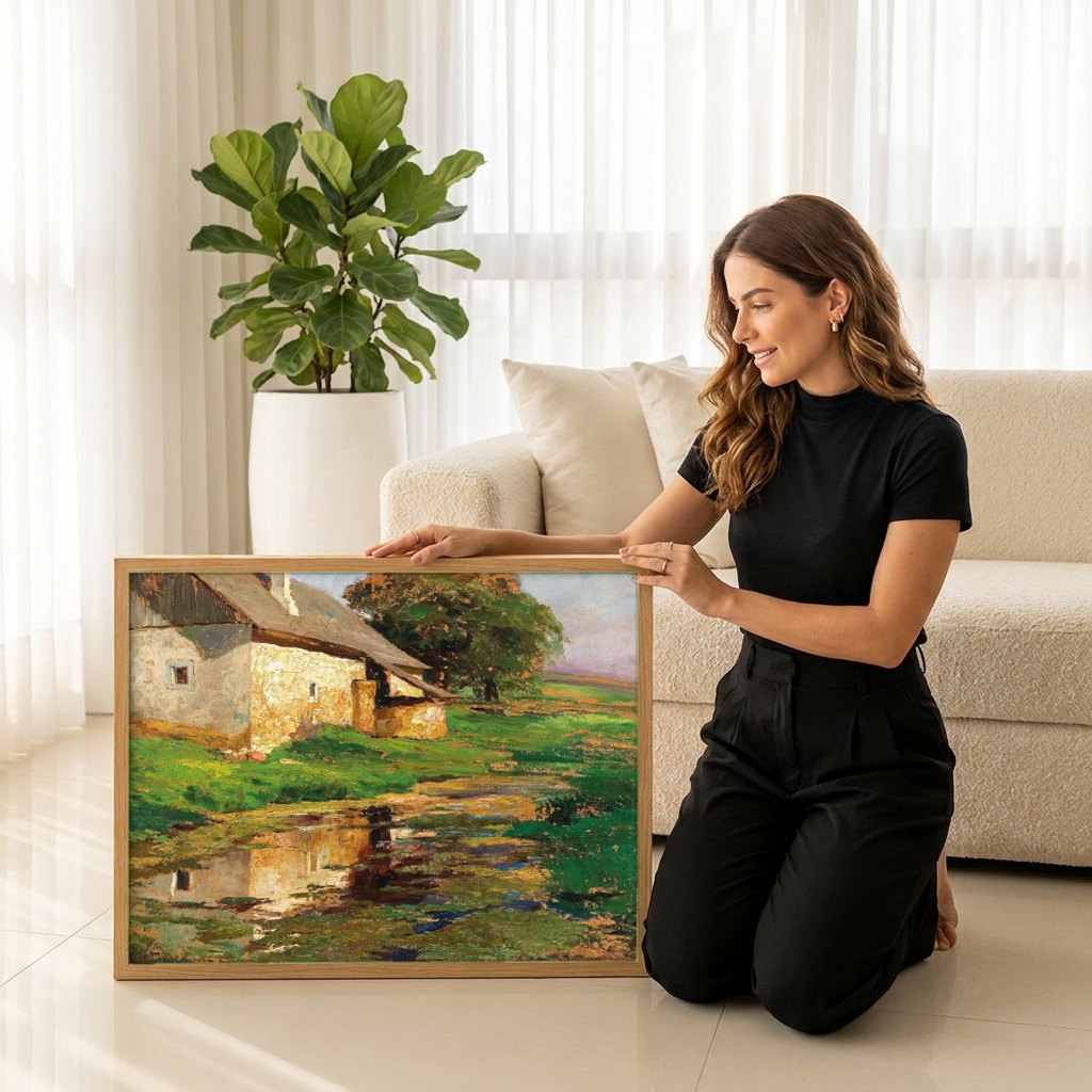 Quadro Decorativo Casa à Beira D'água - Olga Wisinger-Florian | modelo apresentando o quadro emoldurado