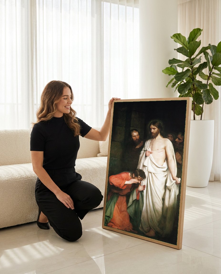 Quadro Decorativo A Dúvida de Tomé - Carl Bloch | modelo apresentando o quadro emoldurado
