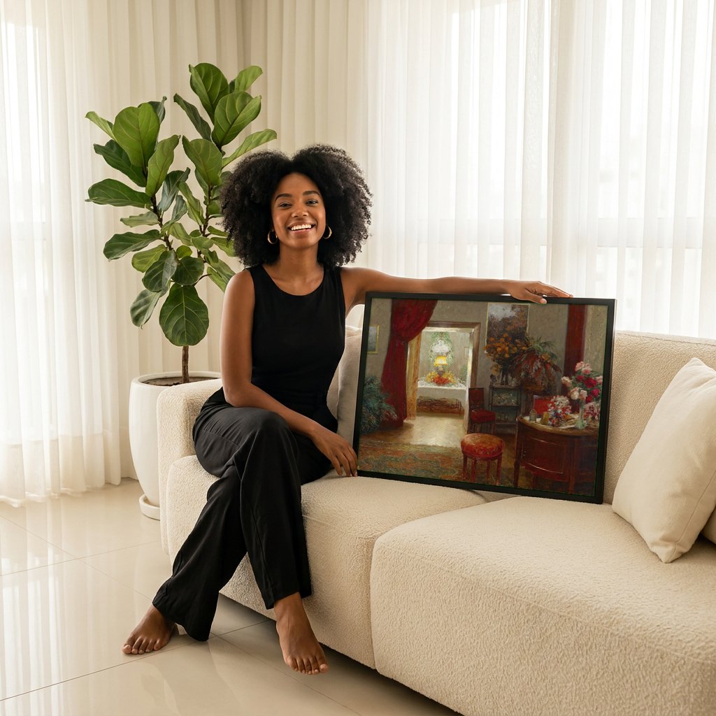 Quadro Decorativo Interior com Flores - Olga Wisinger-Florian | modelo apresentando o quadro emoldurado