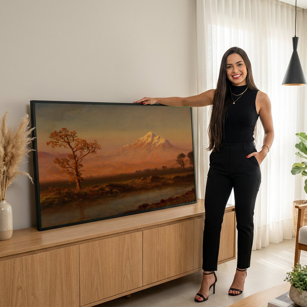 Quadro Decorativo Montanha ao Pôr do Sol - Albert Bierstadt | modelo apresentando o quadro emoldurado