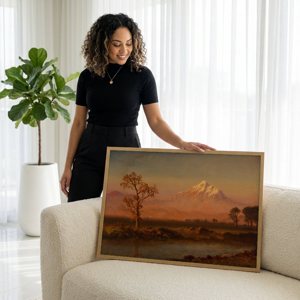 Quadro Decorativo Montanha ao Pôr do Sol - Albert Bierstadt | modelo apresentando o quadro emoldurado