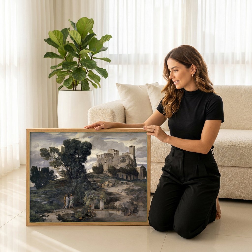Quadro Decorativo A Villa na Praia - Arnold Böcklin | modelo apresentando o quadro emoldurado