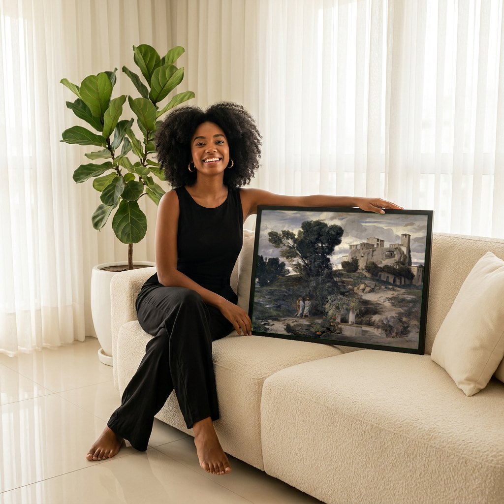 Quadro Decorativo A Villa na Praia - Arnold Böcklin | modelo apresentando o quadro emoldurado