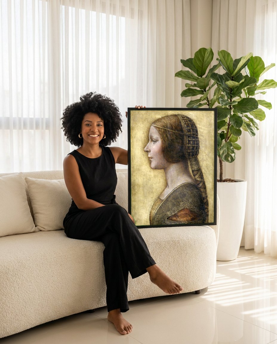 Quadro Decorativo A Dama com o Arminho - Leonardo da Vinci | modelo apresentando o quadro emoldurado