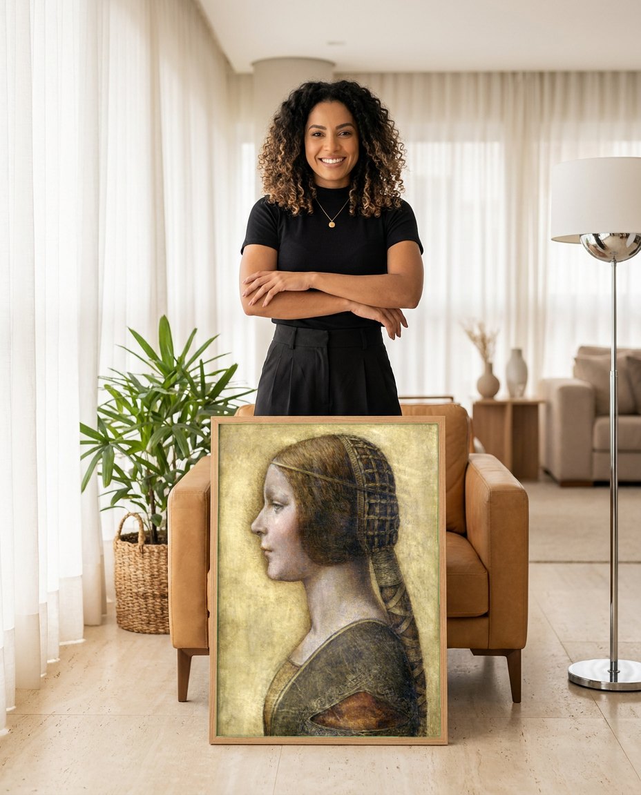 Quadro Decorativo A Dama com o Arminho - Leonardo da Vinci | modelo apresentando o quadro emoldurado