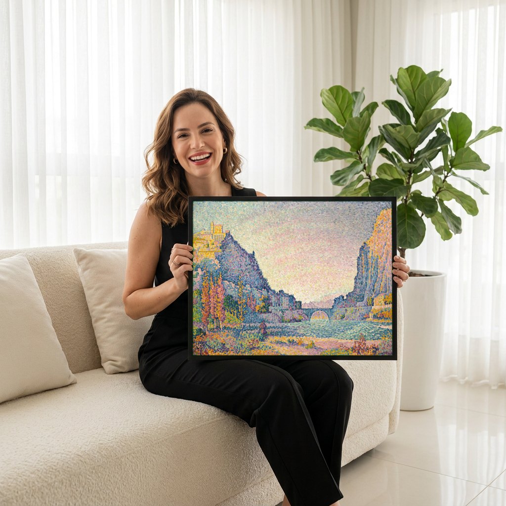 Quadro Decorativo A Ponte das Artes - Paul Signac | modelo apresentando o quadro emoldurado