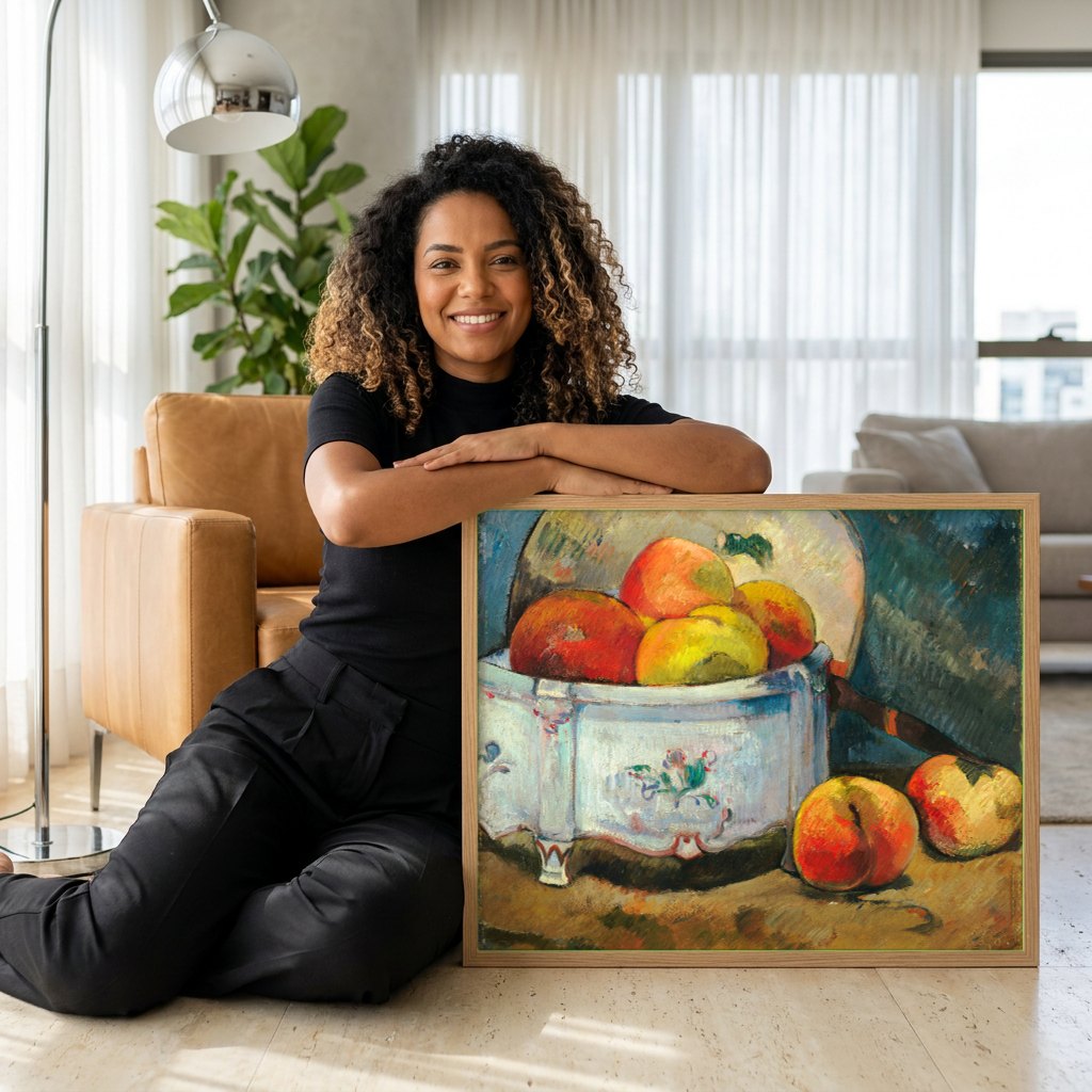 Quadro Decorativo Maçãs e Pêssegos - Paul Gauguin | modelo apresentando o quadro emoldurado
