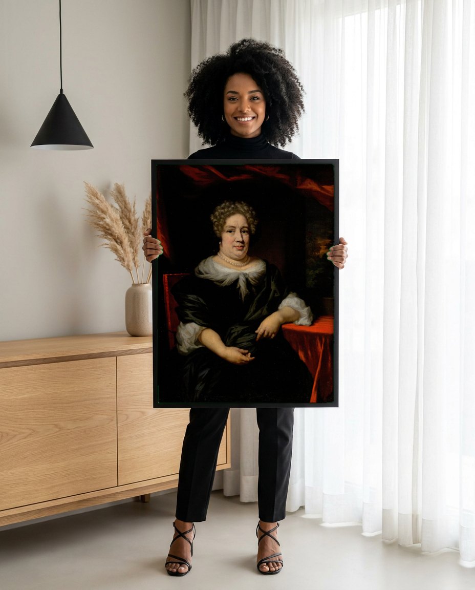 Quadro Decorativo Retrato Feminino - Nicolaes Maes | modelo apresentando o quadro emoldurado