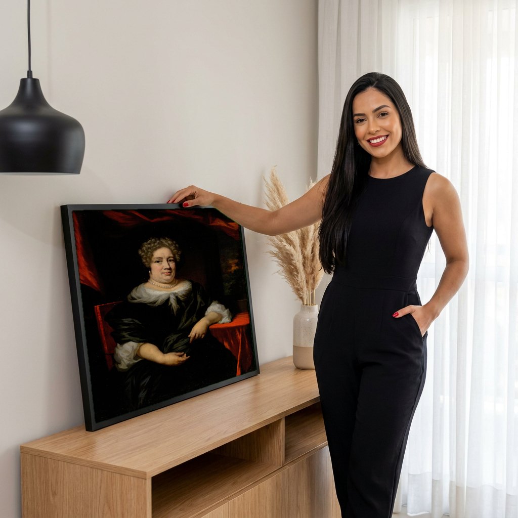Quadro Decorativo Retrato Feminino - Nicolaes Maes | modelo apresentando o quadro emoldurado