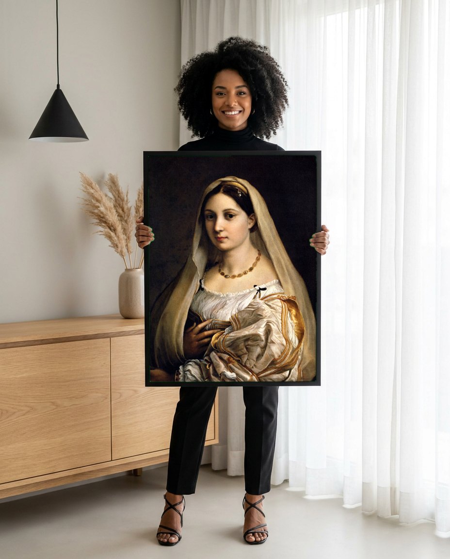 Quadro Decorativo La Fornarina - Rafael | modelo apresentando o quadro emoldurado
