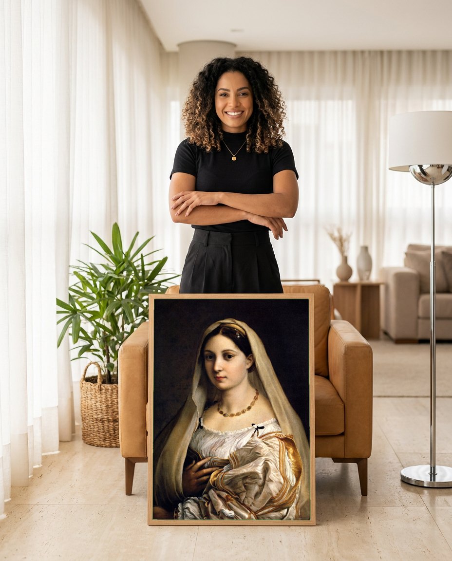 Quadro Decorativo La Fornarina - Rafael | modelo apresentando o quadro emoldurado