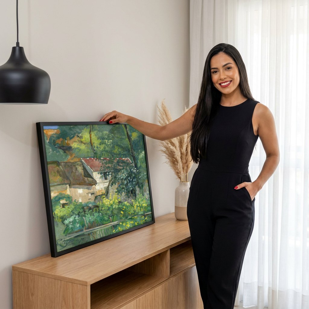 Quadro Decorativo A Casa e a Árvore - Paul Cézanne | modelo apresentando o quadro emoldurado