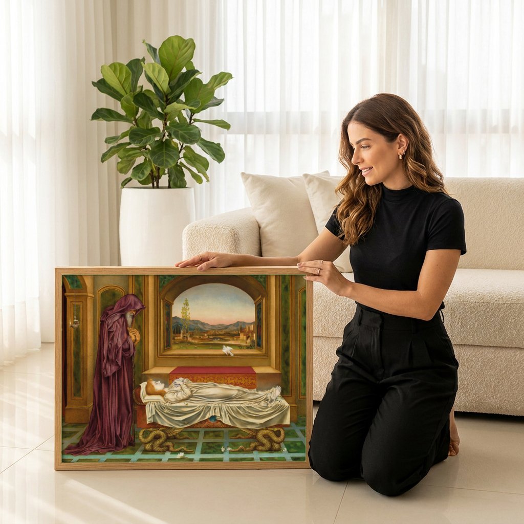 Quadro Decorativo A Morte do Dragão - Evelyn De Morgan | modelo apresentando o quadro emoldurado