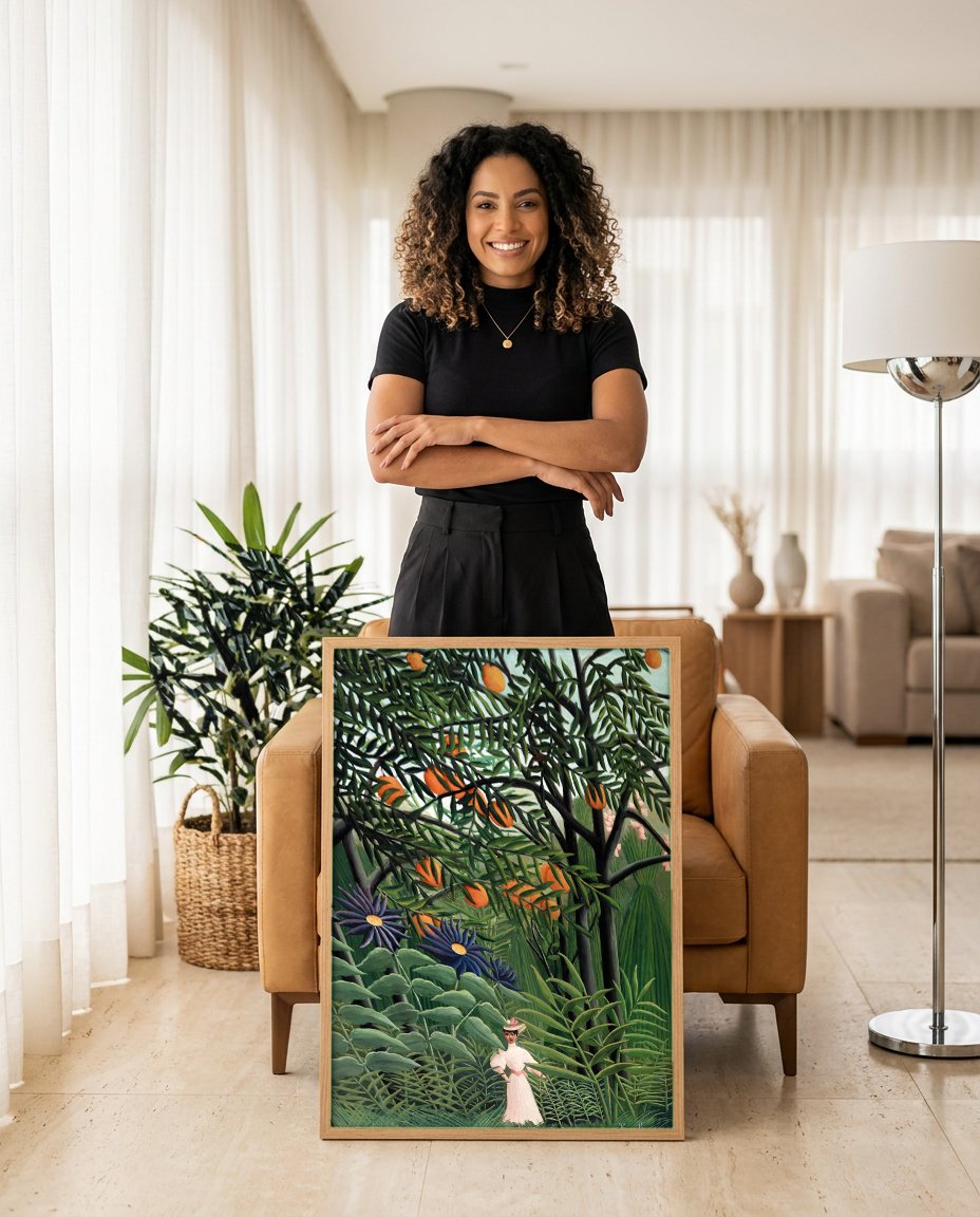 Quadro Decorativo A Mulher no Laranjal - Henri Rousseau com modelo em ambiente