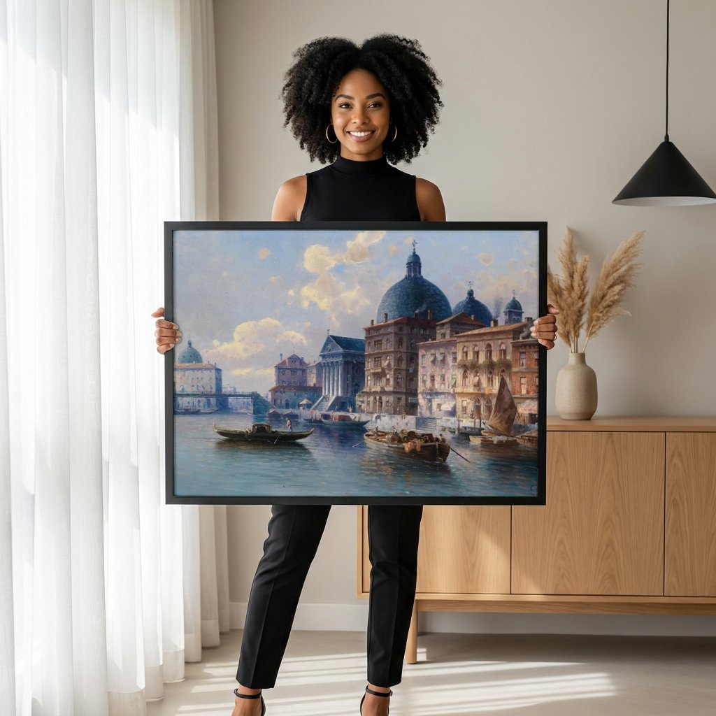 Quadro Decorativo Canal em Veneza - Karl Kaufmann com modelo em ambiente