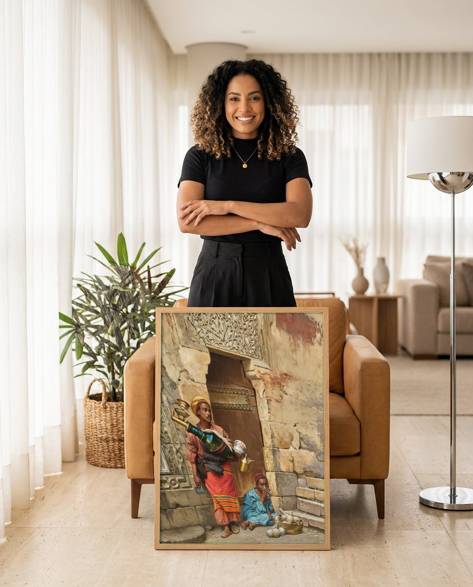 Quadro Decorativo Cena de Rua Oriental – Ludwig Deutsch com modelo em ambiente