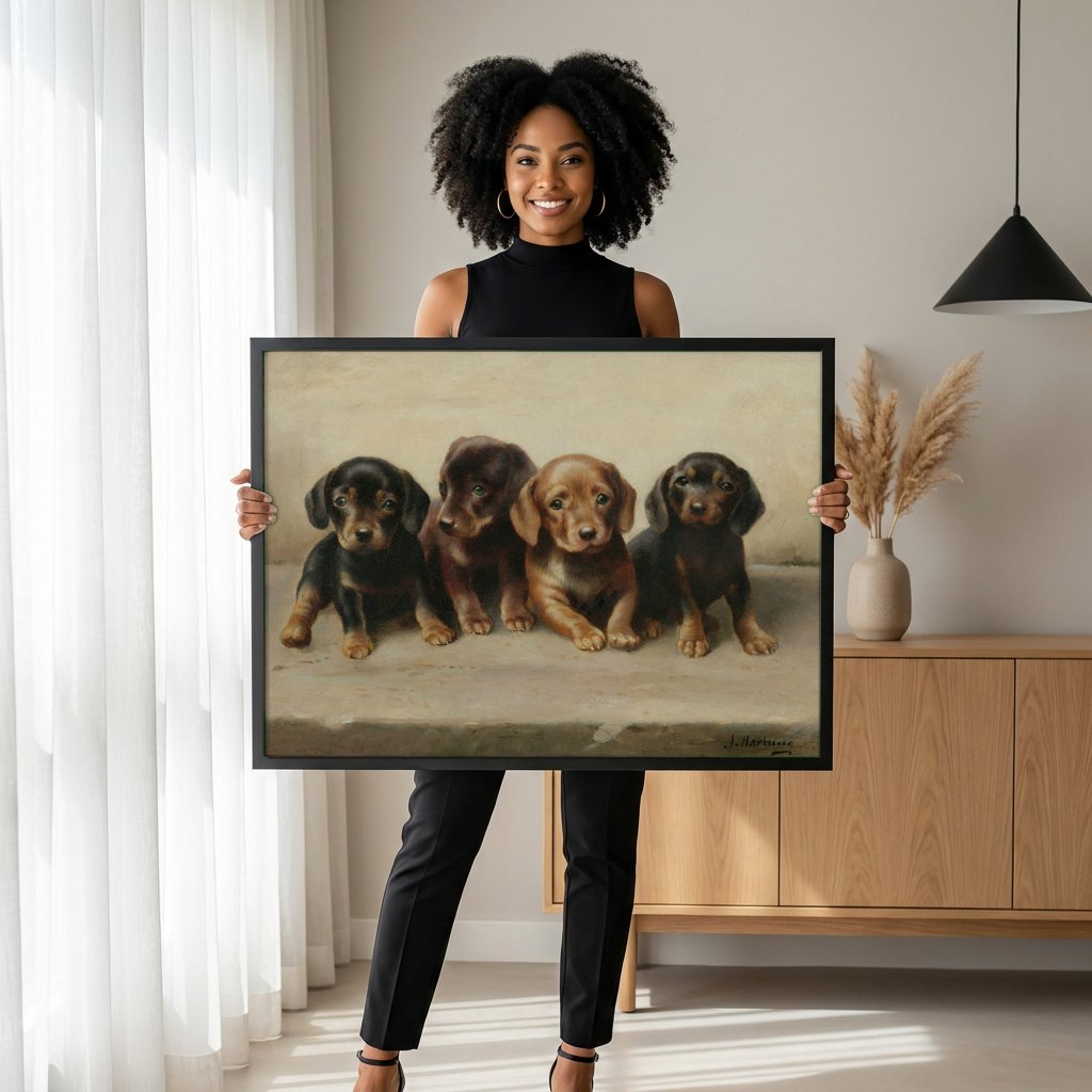 Quadro Decorativo Corgis Filhotes - Carl Reichert com modelo em ambiente