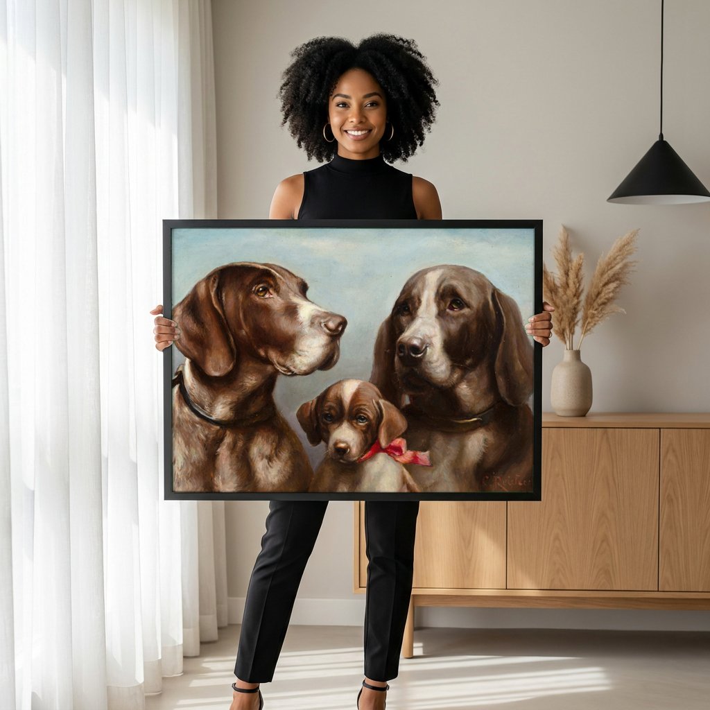 Quadro Decorativo Família de Cães - Carl Reichert com modelo em ambiente