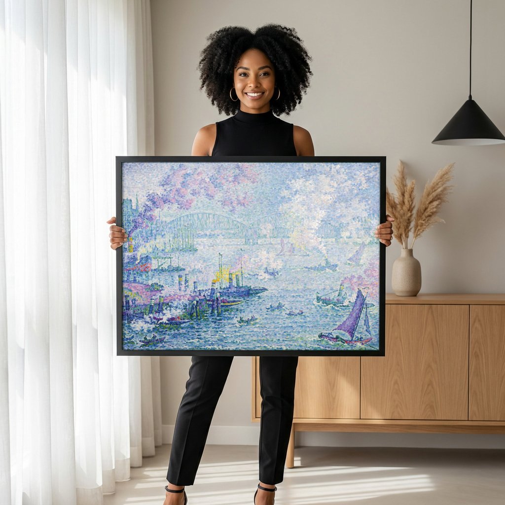 Quadro Decorativo Porto com Ponte - Paul Signac com modelo em ambiente