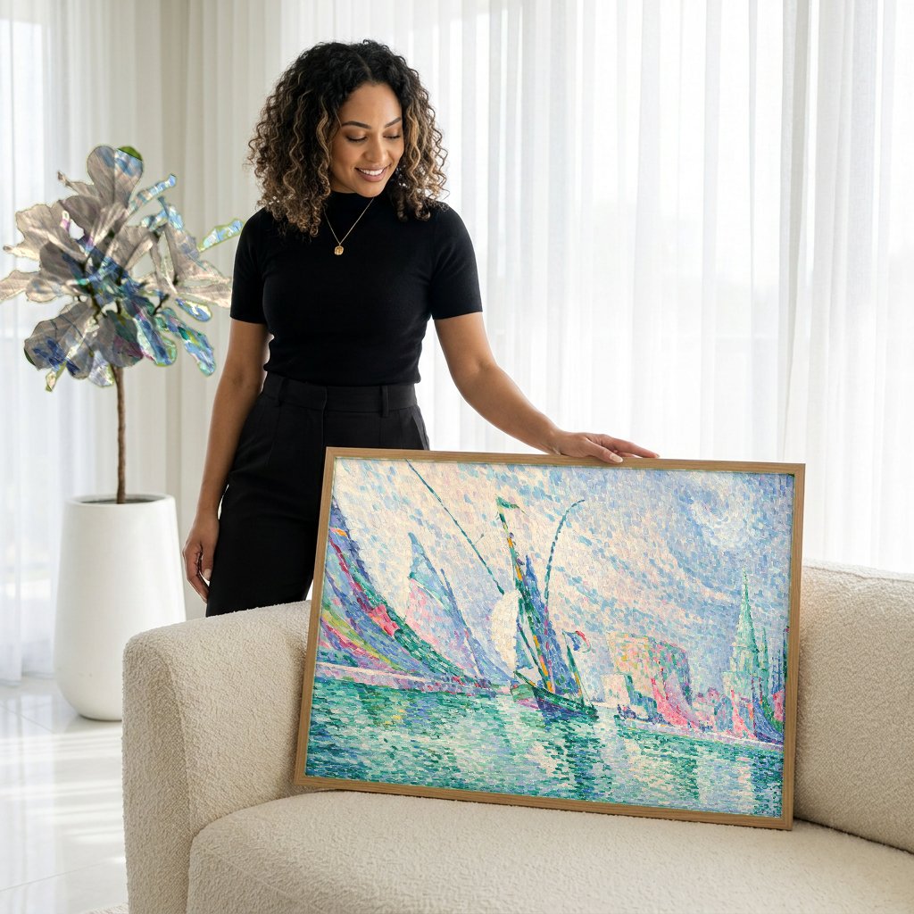 Quadro Decorativo Porto com Velas - Paul Signac com modelo em ambiente
