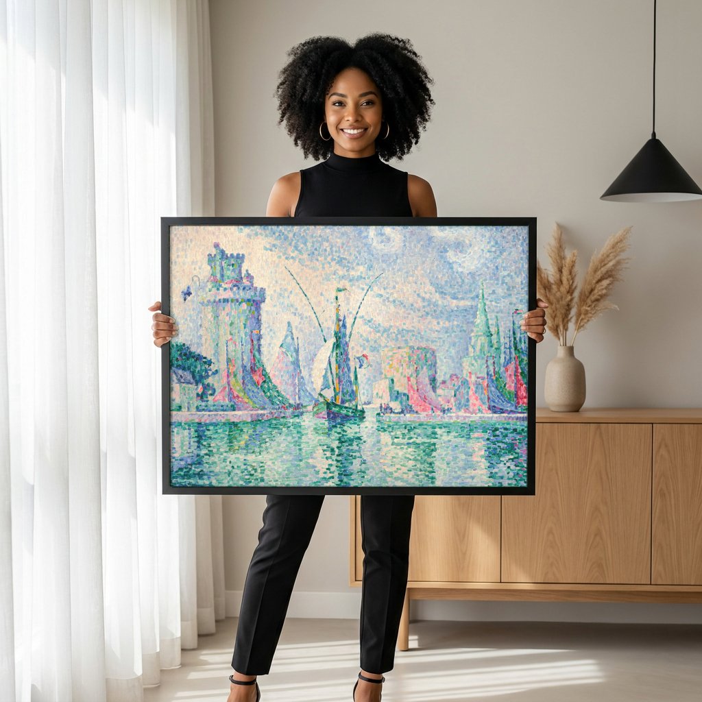 Quadro Decorativo Porto com Velas - Paul Signac com modelo em ambiente