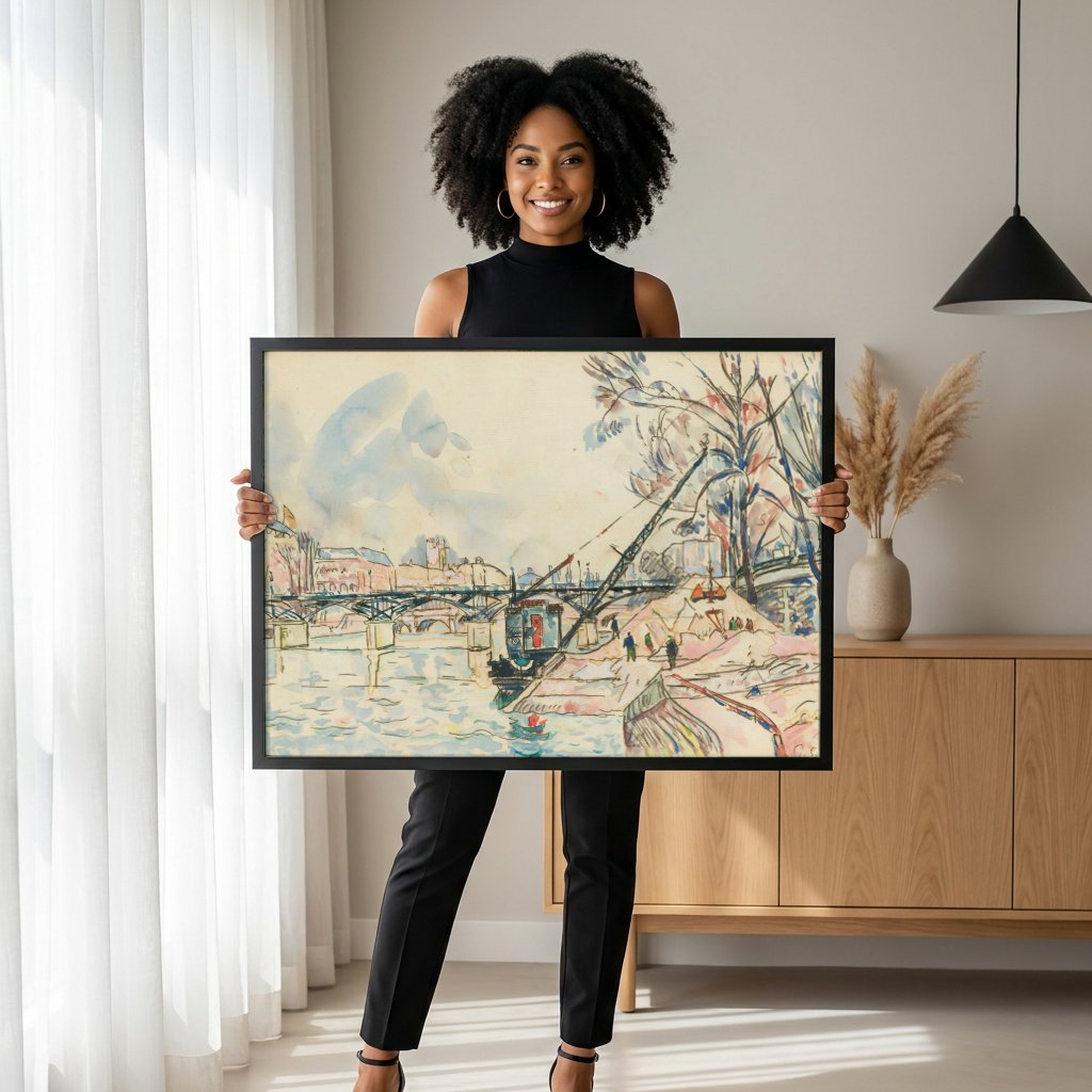 Quadro Decorativo Cais com Pontes - Paul Signac com modelo em ambiente