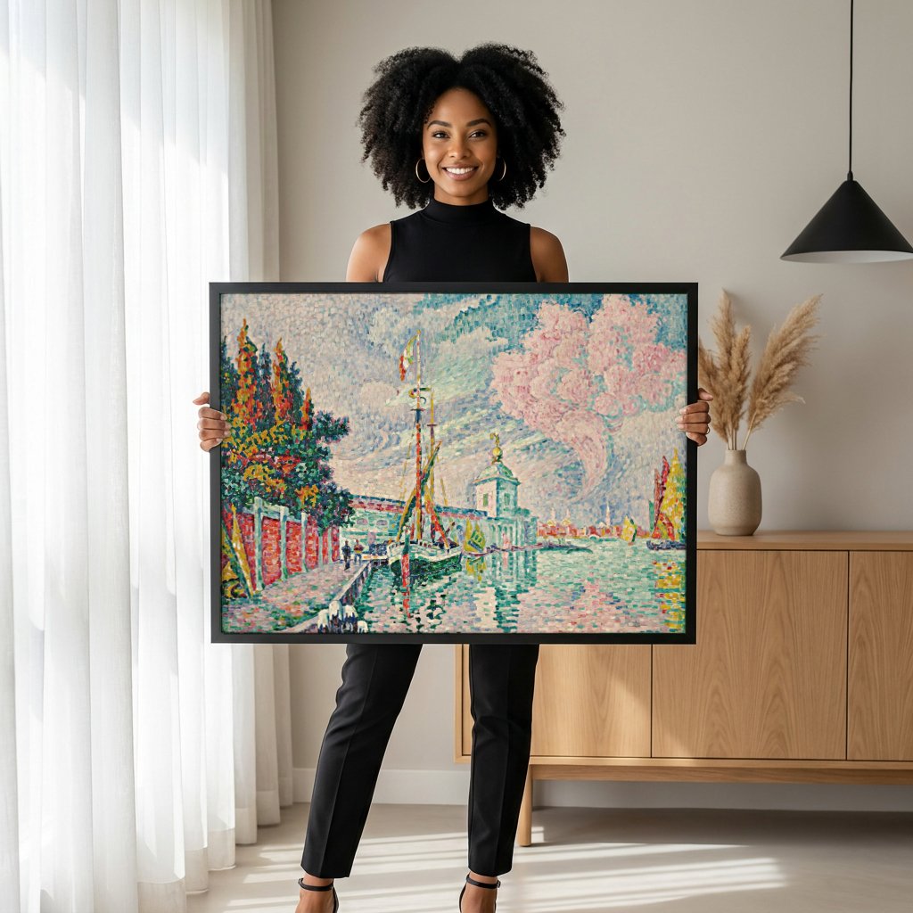Quadro Decorativo Porto de Veneza - Paul Signac com modelo em ambiente