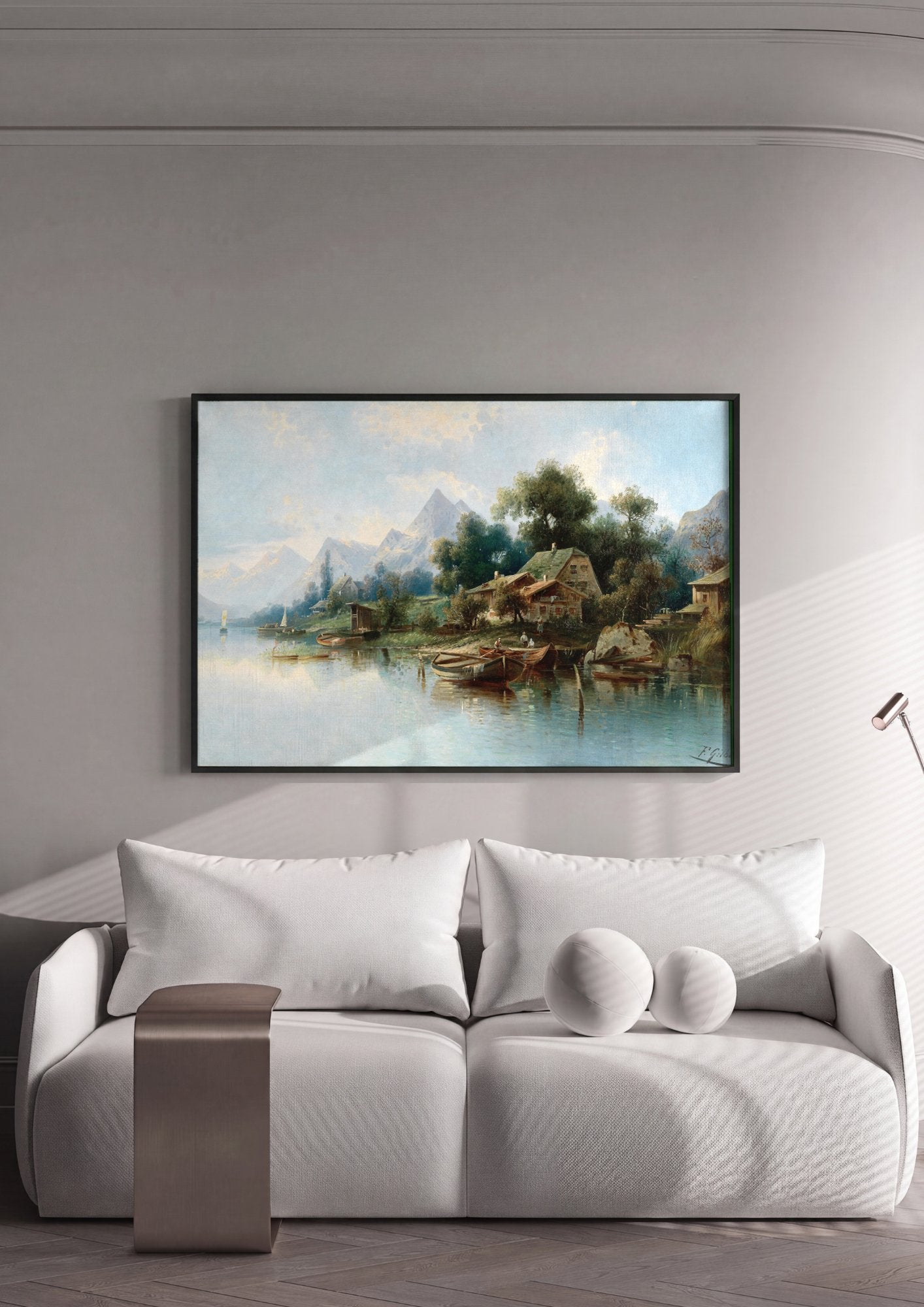 Quadro Decorativo Paisagem Alpina com Lago - Karl Kaufmann em ambiente decorado