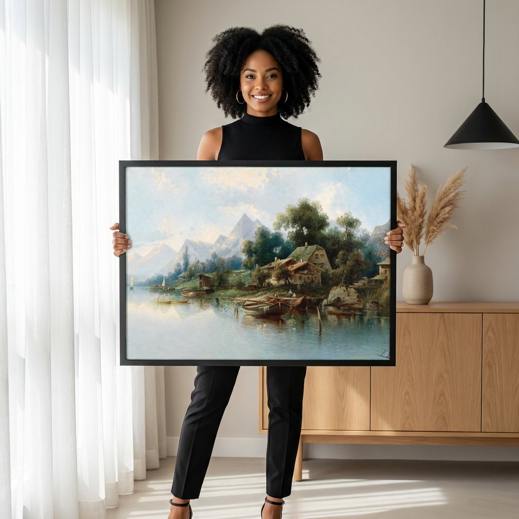 Quadro Decorativo Paisagem Alpina com Lago - Karl Kaufmann com modelo em ambiente