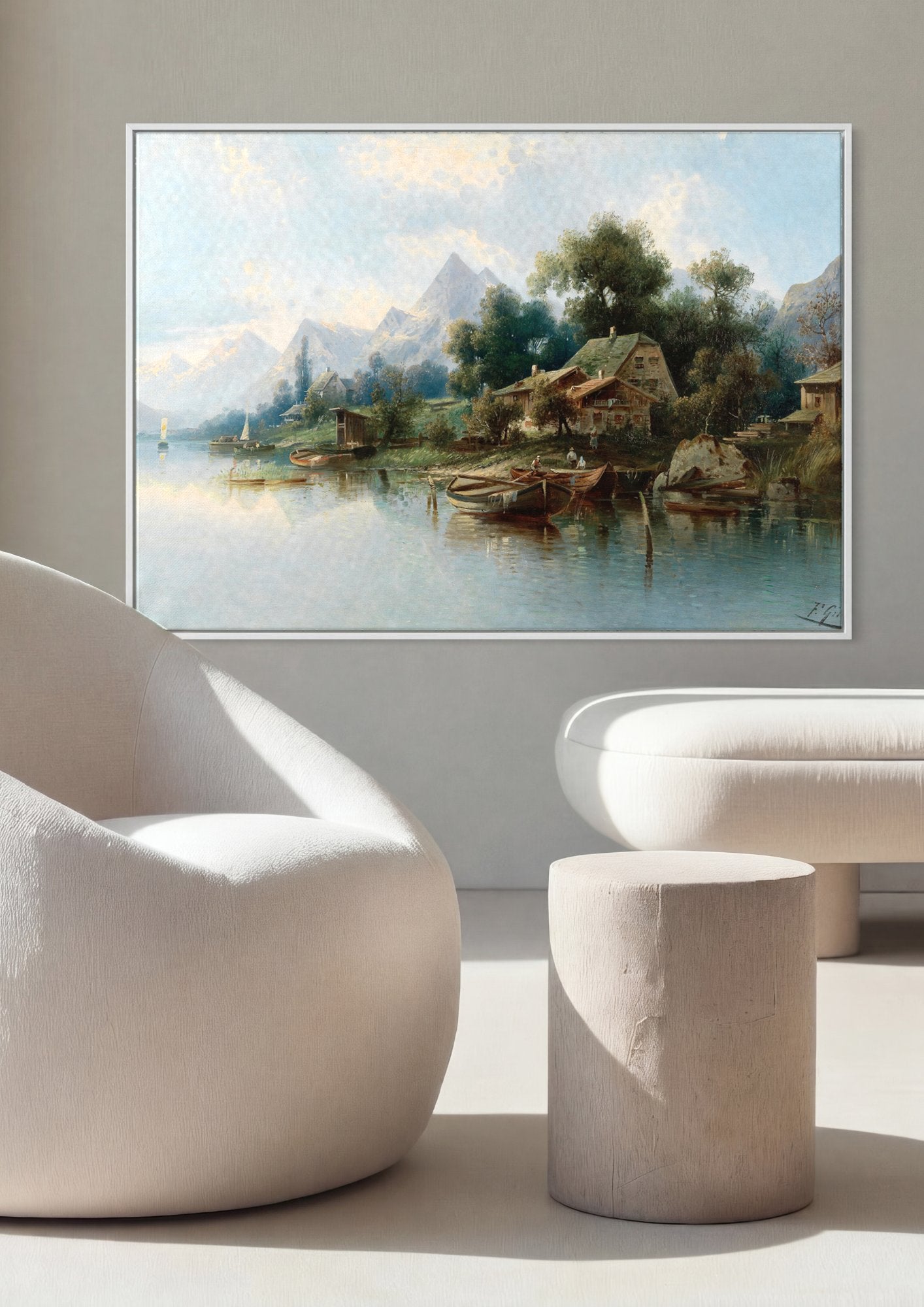 Quadro Decorativo Paisagem Alpina com Lago - Karl Kaufmann em ambiente decorado