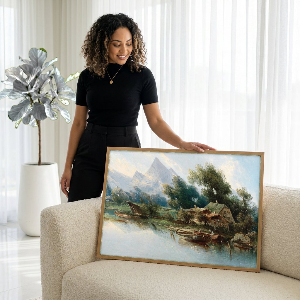 Quadro Decorativo Paisagem Alpina com Lago - Karl Kaufmann com modelo em ambiente
