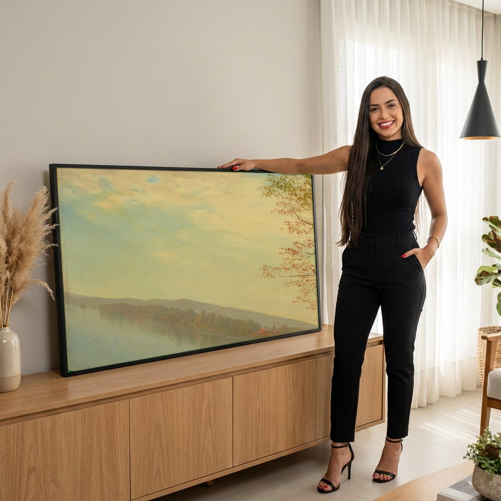 Quadro Decorativo Paisagem Outonal ao Lago - Albert Bierstadt com modelo em ambiente
