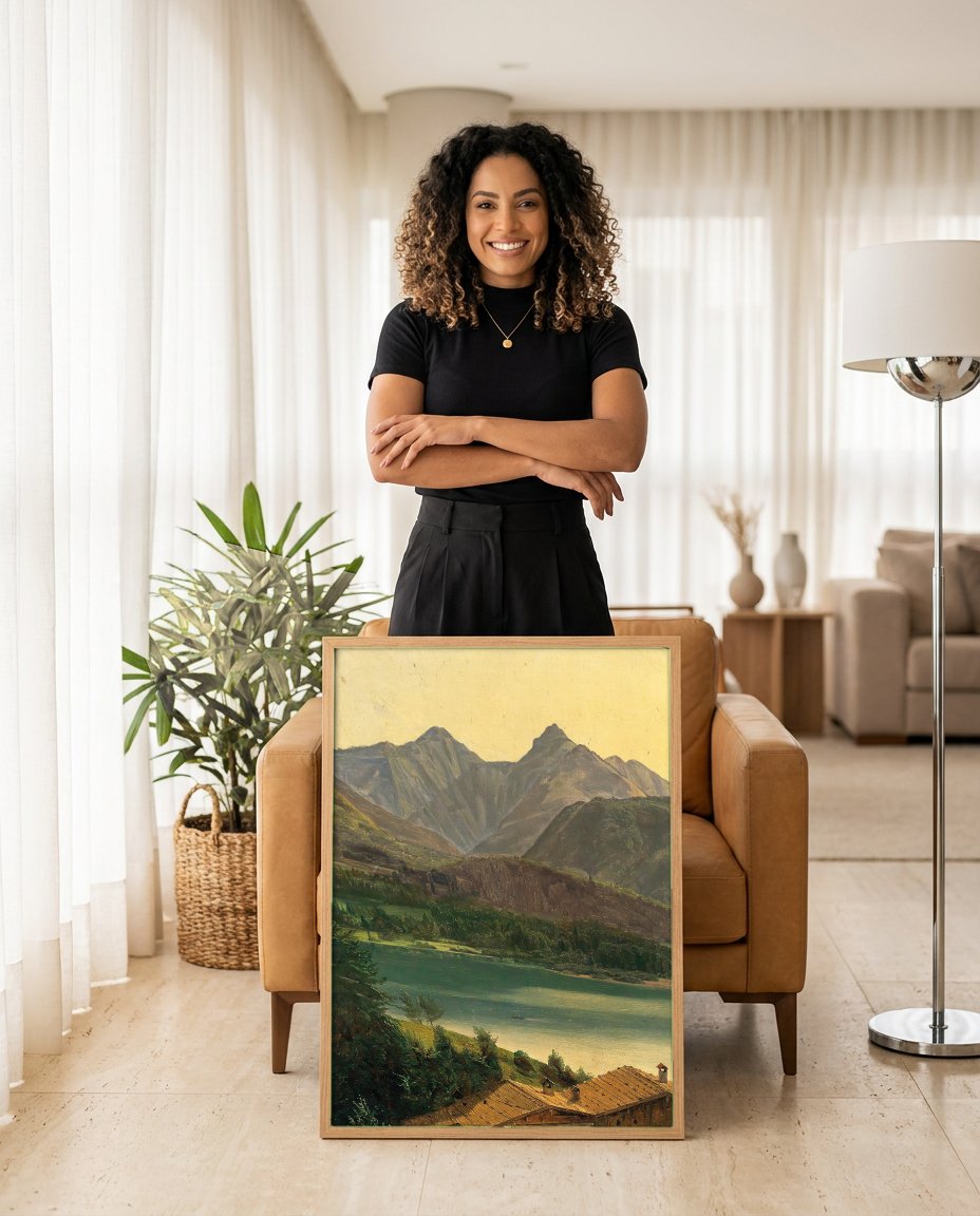 Quadro Decorativo Paisagem Alpina com Lago - Waldmüller com modelo em ambiente