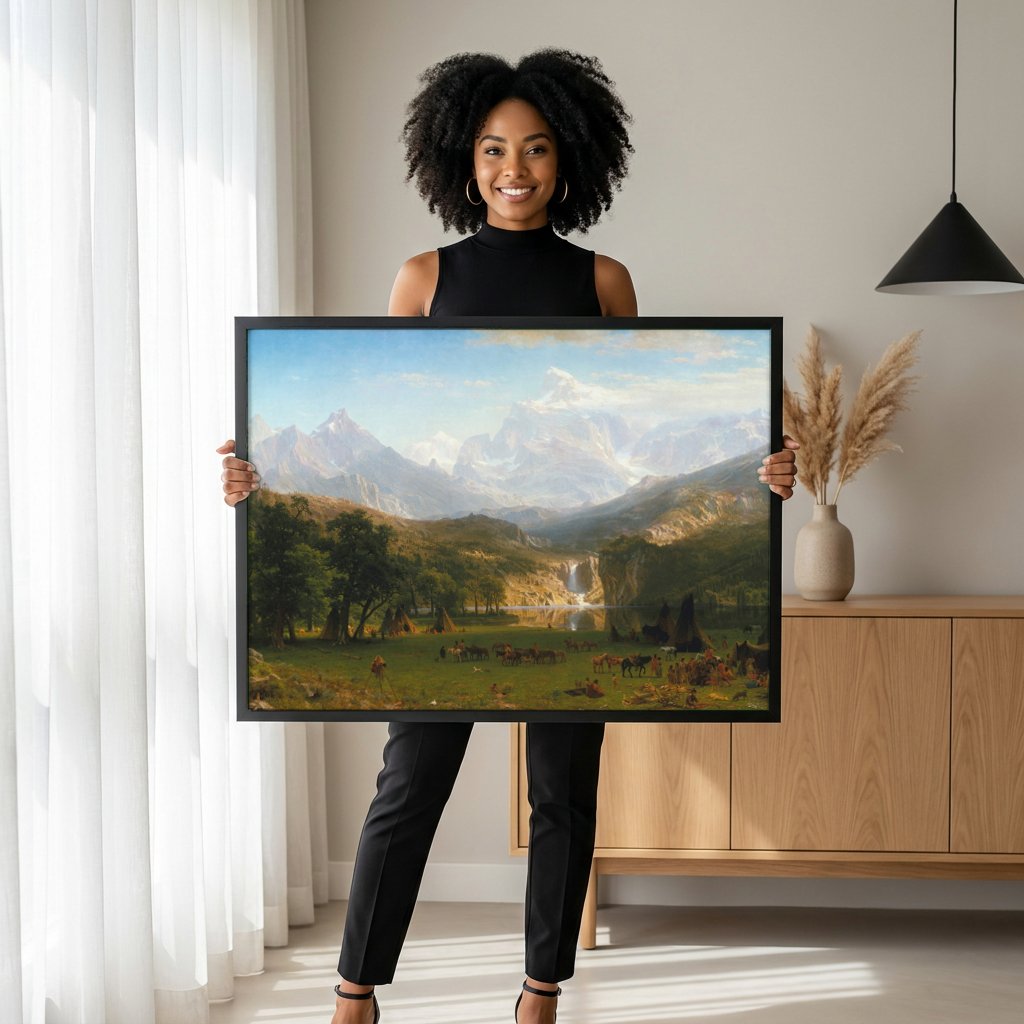 Quadro Decorativo 'The Rocky Mountains, Lander's Peak' - Albert Bierstadt com modelo em ambiente