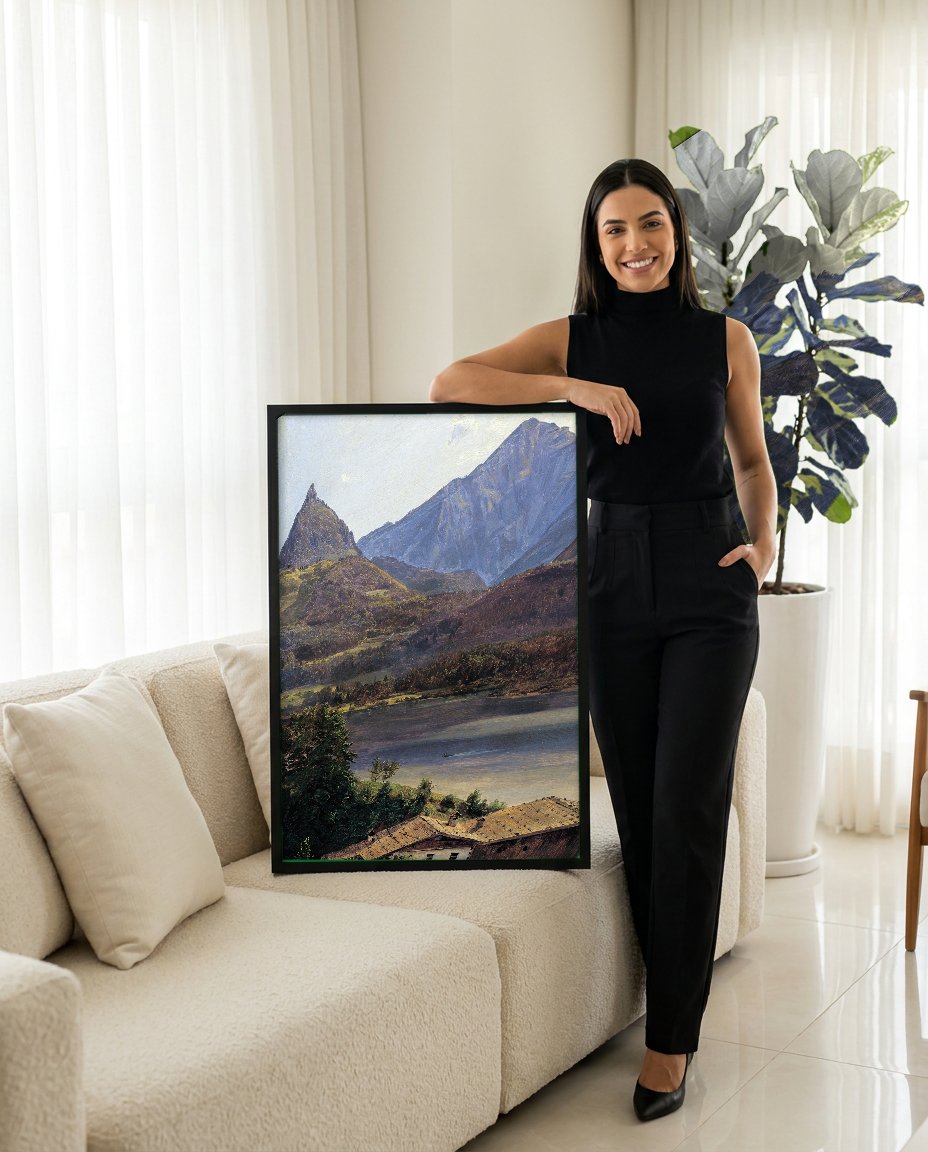 Quadro Decorativo Paisagem Alpina com Lago - Waldmüller com modelo em ambiente