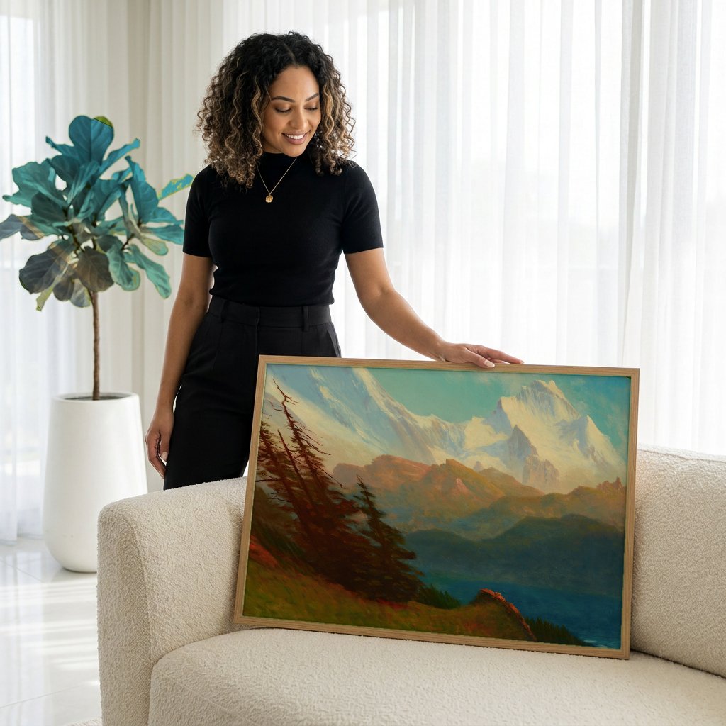 Quadro Decorativo Montanhas Nevadas e Lago - Albert Bierstadt com modelo em ambiente
