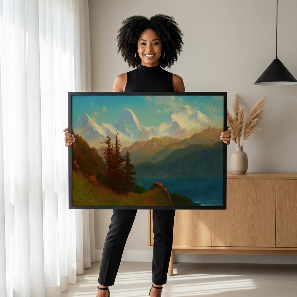 Quadro Decorativo Montanhas Nevadas e Lago - Albert Bierstadt com modelo em ambiente