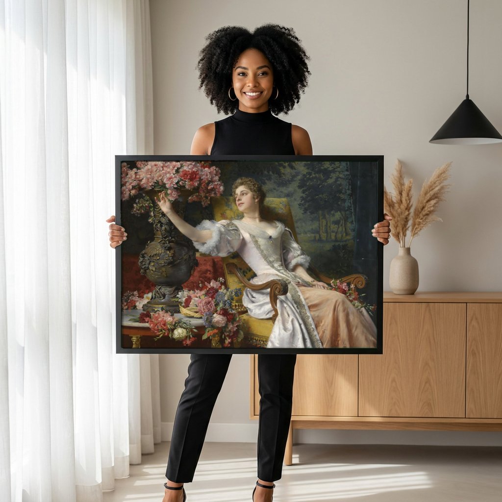 Quadro Decorativo Dama Entre Flores - Wladyslaw Czachórski com modelo em ambiente