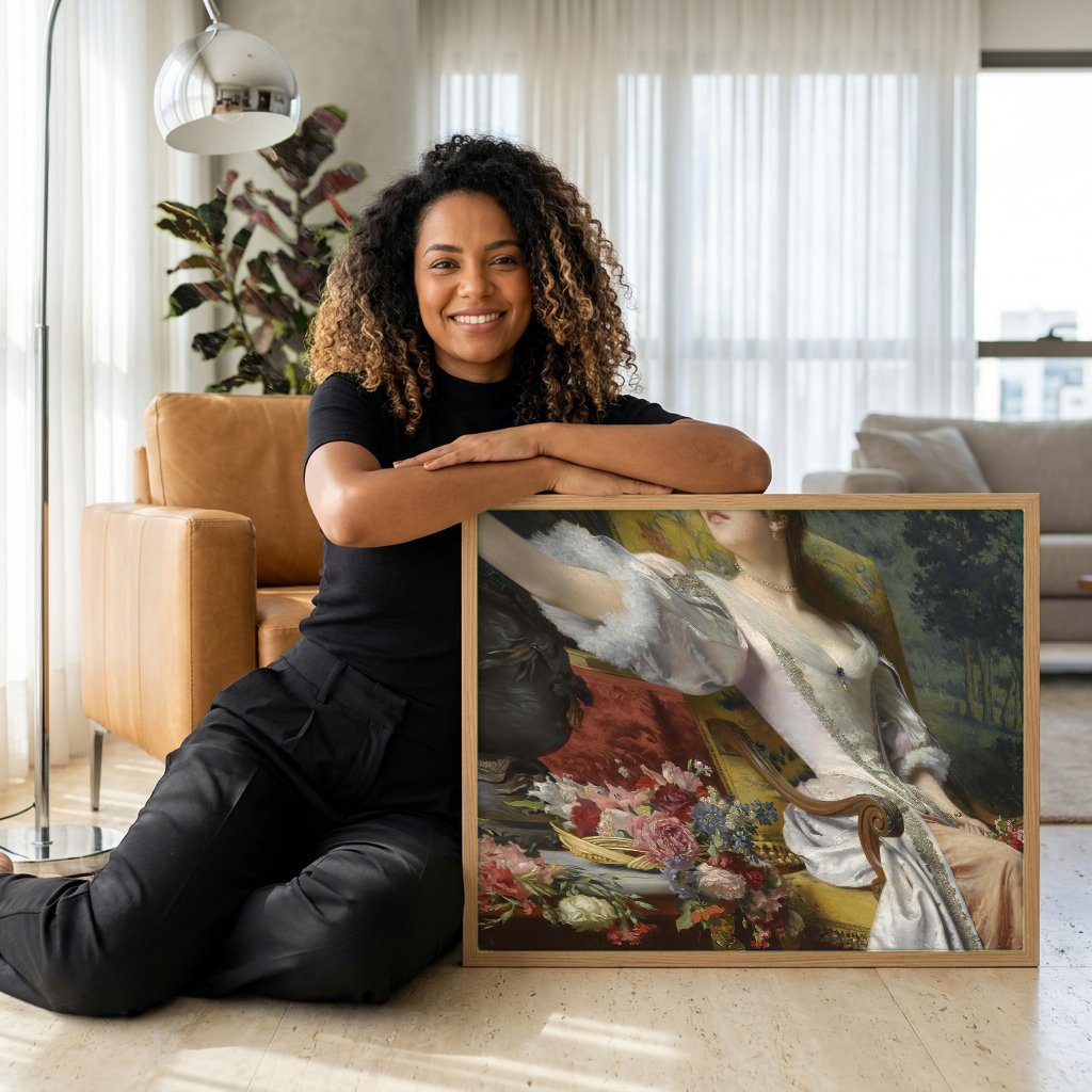 Quadro Decorativo Dama Entre Flores - Wladyslaw Czachórski com modelo em ambiente