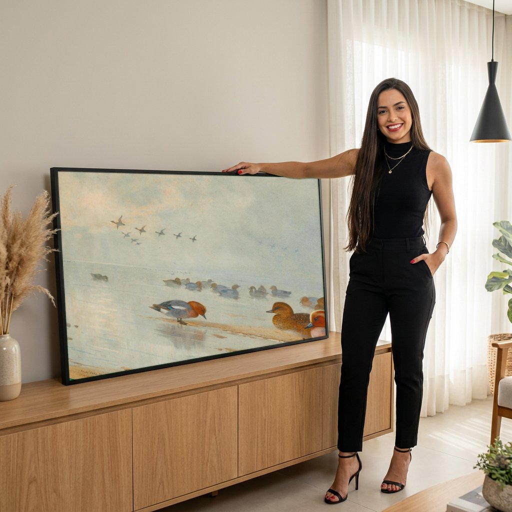 Quadro Decorativo Patos no Lago Congelado - Archibald Thorburn com modelo em ambiente