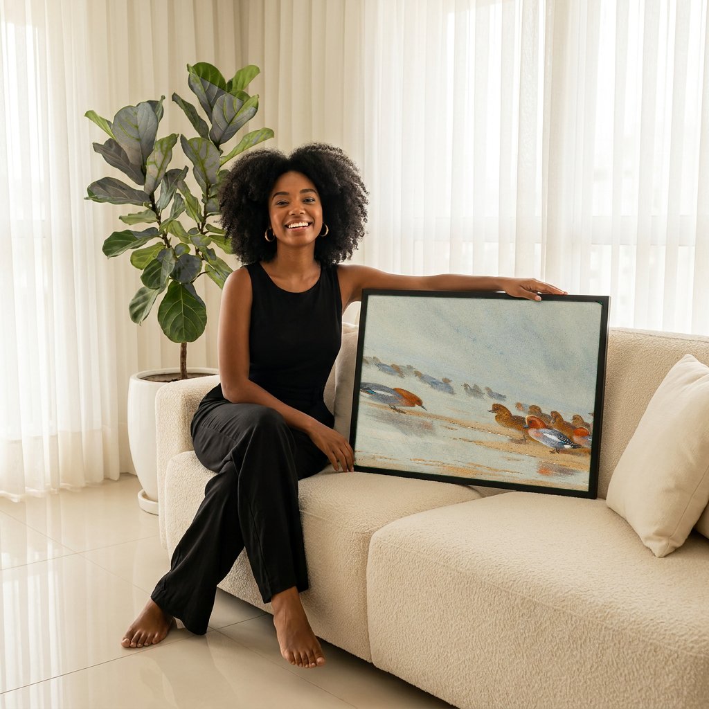 Quadro Decorativo Patos no Lago Congelado - Archibald Thorburn com modelo em ambiente