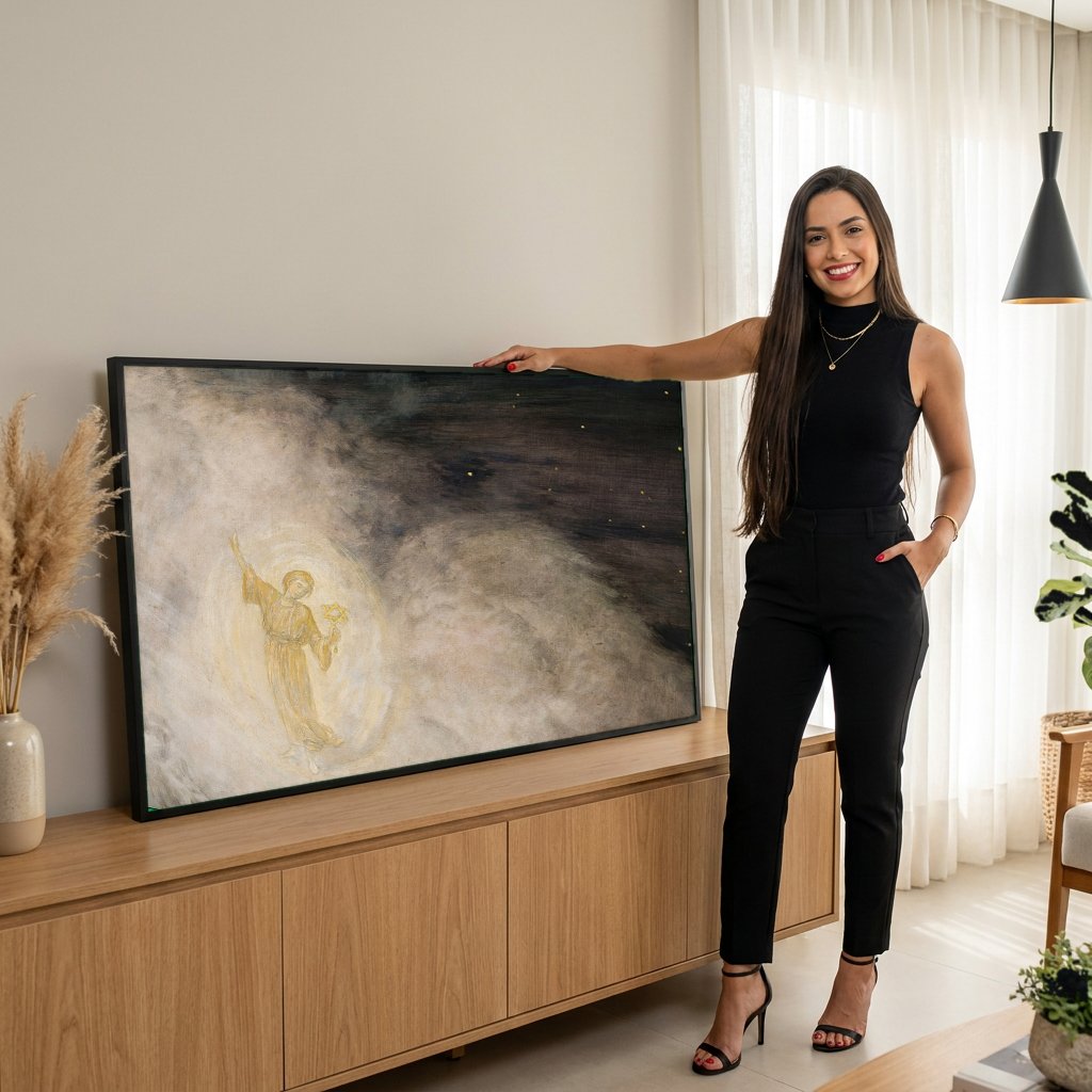 Quadro Decorativo Anjo da Noite Estrelada - Hans Thoma com modelo em ambiente