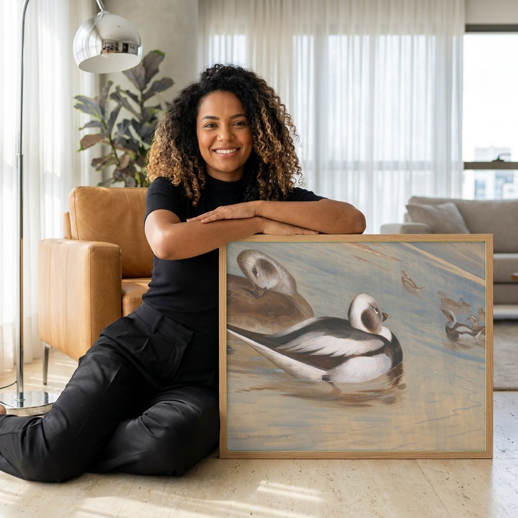 Quadro Decorativo Patos Selvagens no Lago - Thorburn com modelo em ambiente