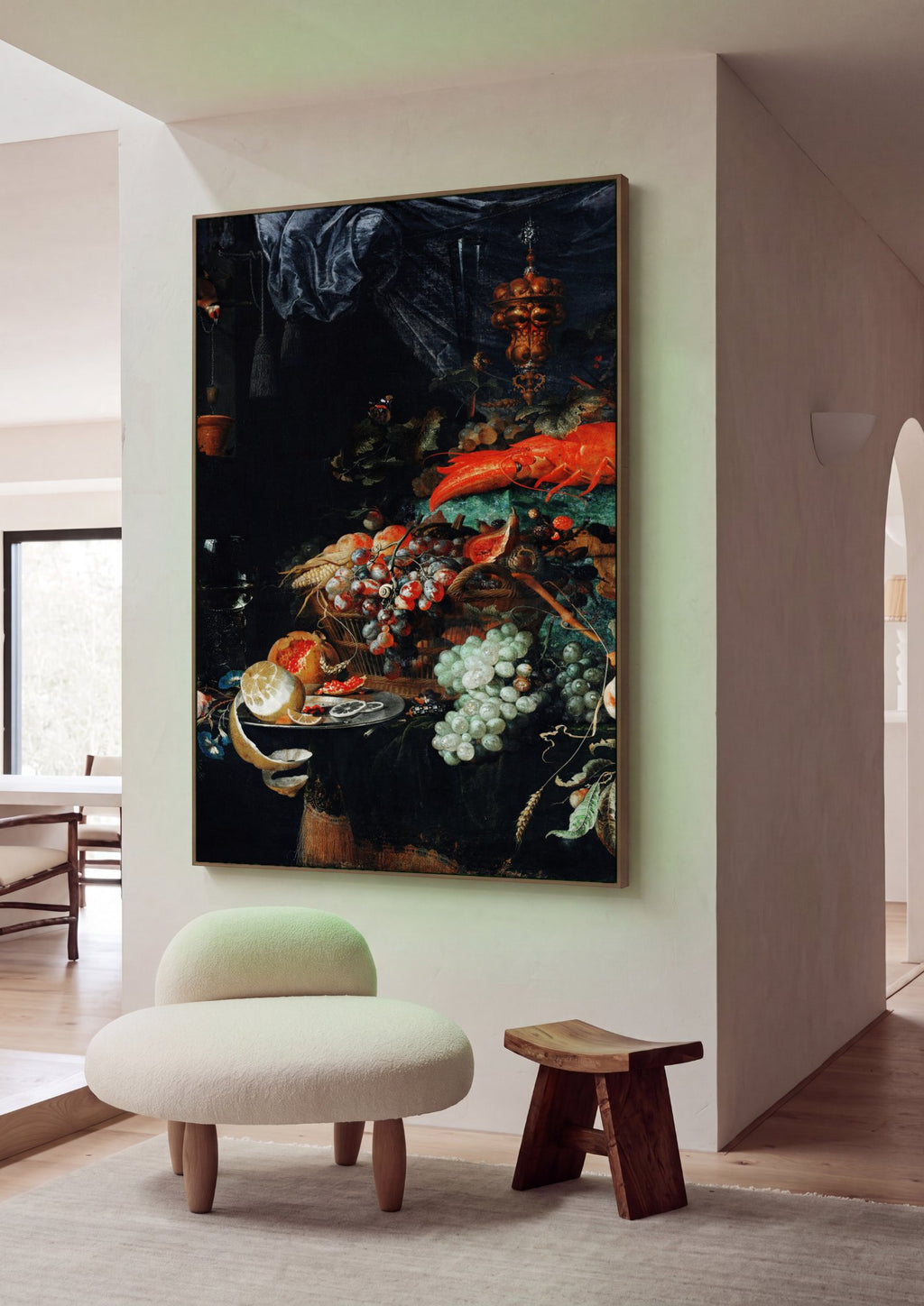 Quadro Decorativo Natureza-Morta com Lagosta e Frutas - Abraham Mignon em ambiente decorado